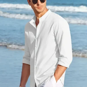 Men's Solid Color Long Sleeve And Button Down Top Shirt With Stand Collar, Made With Cotton And Linen Fabric, Casual And Chic Tops For Men, Suitable For Spring And Autumn Leisurewear